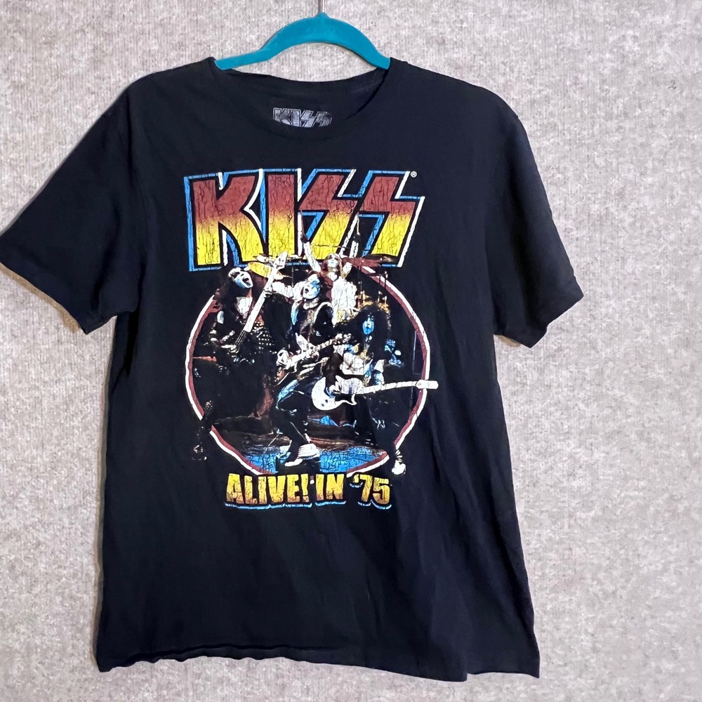 KISS Alive In 75 Graphic T Shirt Mens Medium Black Band Rock Concert Aesthetic